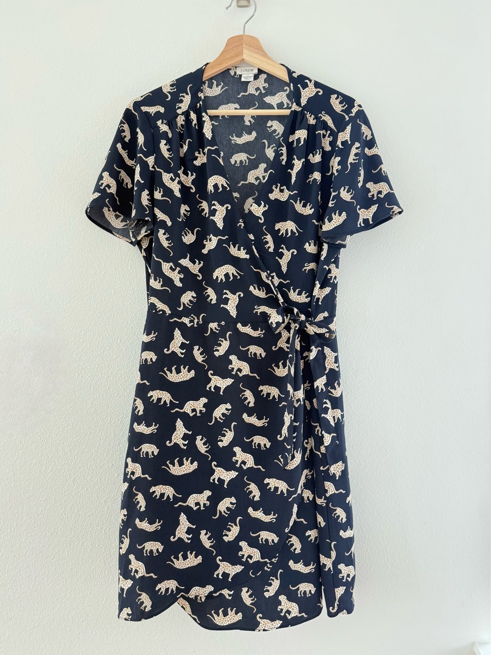 J. Crew Navy Wrap Dress with Cheeta Print